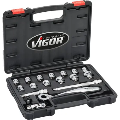 VIGOR® - VIGOR Steckschlüssel Satz ∙ superflach ∙ V6202 ∙ Vierkant10 mm (3/8 Zoll) ∙ Außen Sechskant Profil ∙8 – 22 ∙ Anza...