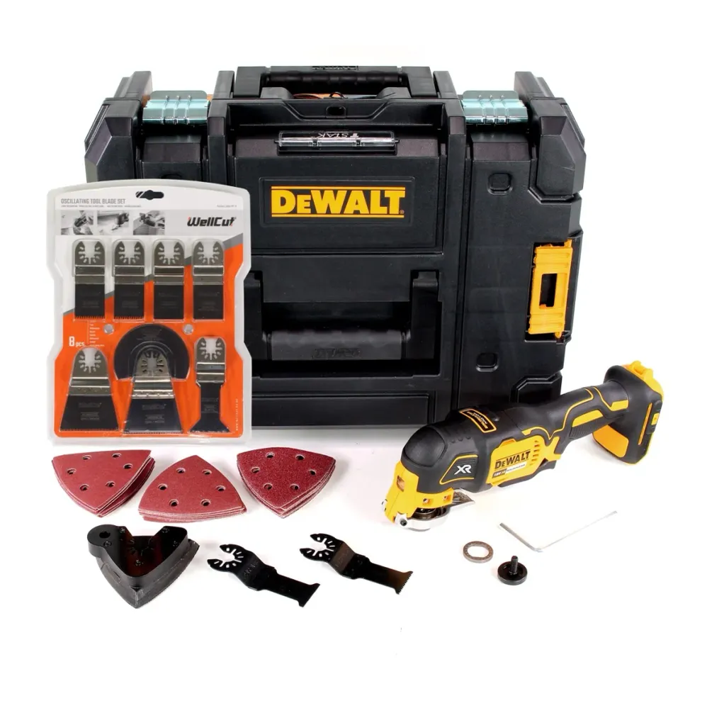 DeWalt DCS 355 NT Akku Oszillierer Multitool 18 V Brushless + Zubehör + 8x Sägeblätter + TSTAK - ohne Akku, ohne Ladegerät