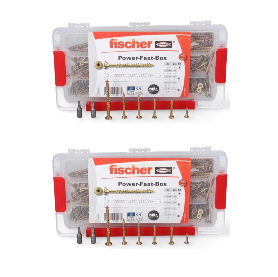 Fischer Power-Fast Box Set 2x 245 tlg. 3,5 - 5 mm ( 2x 667005 ) Senkkopf mit Torx Doppelgewinde galvanisch verzinkt, gelb...