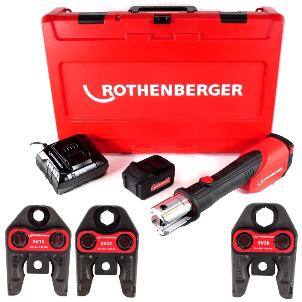 Rothenberger ROMAX 4000 Basic Set CAS Akku Pressmaschine 18 V 34 kN + 1x Akku 4,0 Ah + Ladegerät + 3x Pressbacken SV + Kof...