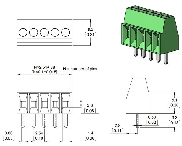 Screw Terminal Block: 6-Pin, 2.54mm Pitch, Side Entry